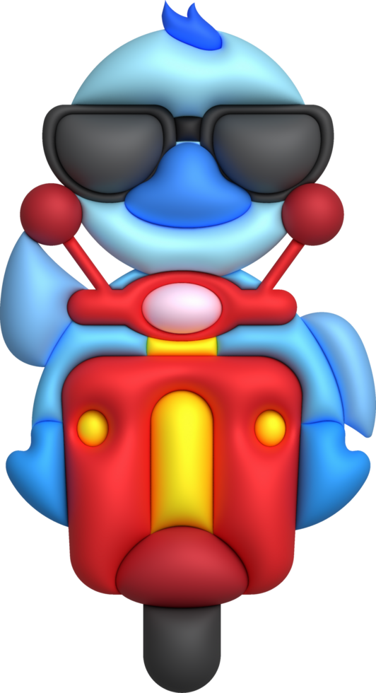 3D illustration duck wearing dark glasses driving a motorcycle. minimal style. png