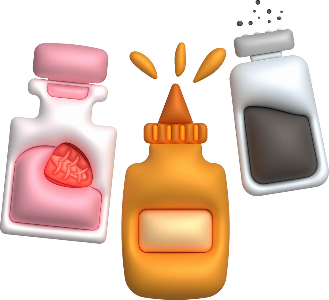 3d illustration condiment bottle set, sauce bottle for cooking. used for cooking. minimal style. png