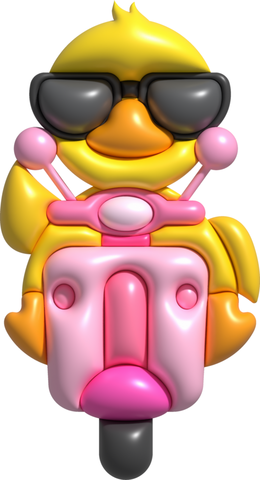 3D illustration duck wearing dark glasses driving a motorcycle. minimal style. png