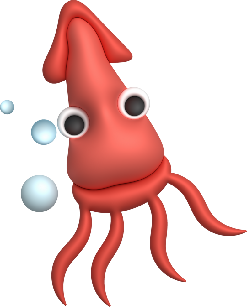 3D illustration Cute underwater animals squid and octopus. minimal style. png