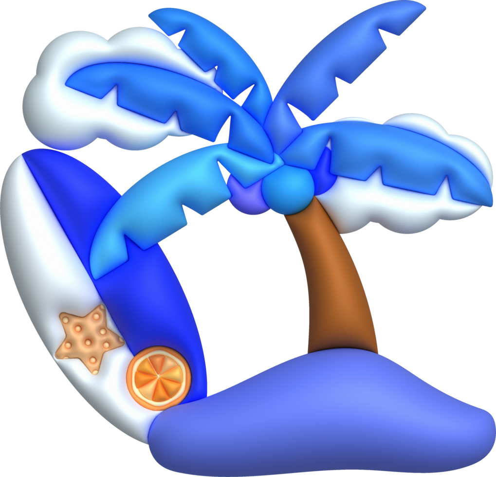 3d illustration coconut trees and clouds and surfboards png