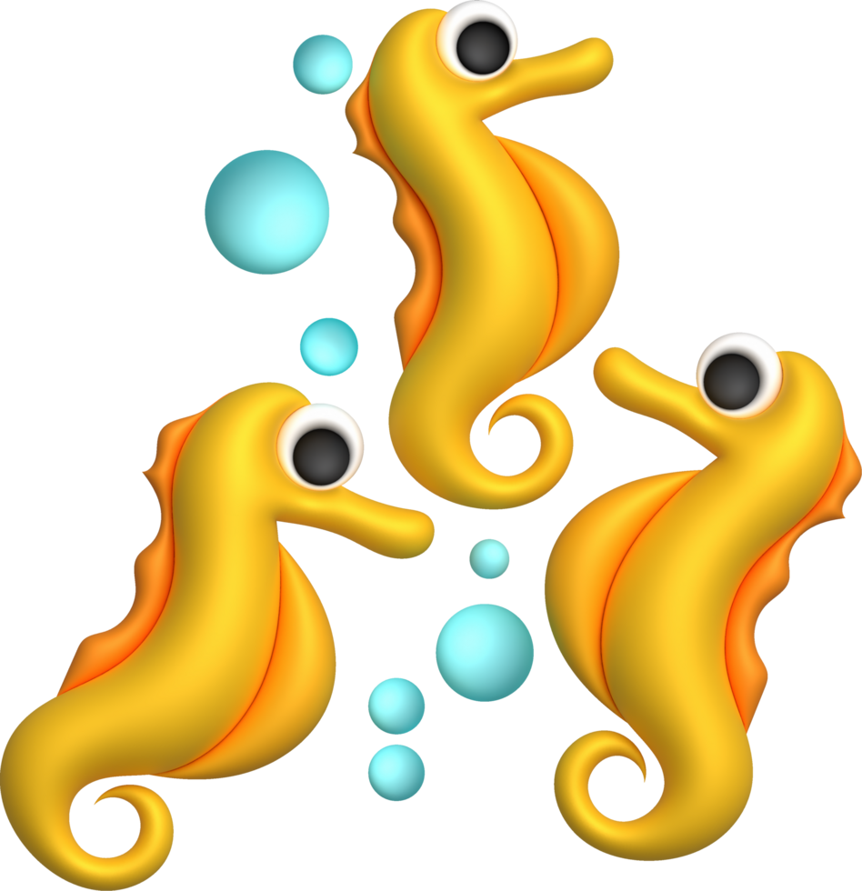 3D illustration Cute underwater animals sea horse. minimal style. png