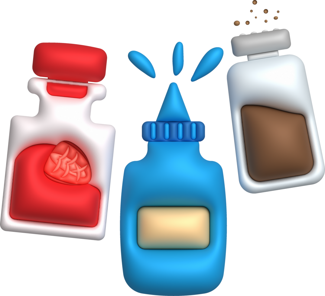 3d illustration condiment bottle set, sauce bottle for cooking. used for cooking. minimal style. png