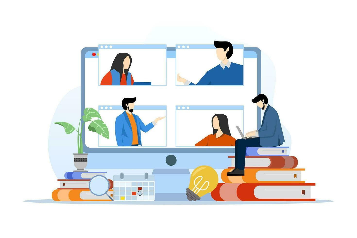 concept of smart businessman working with online video conference meeting, business team working from anywhere with internet wireless remote connection technology. flat vector illustration.