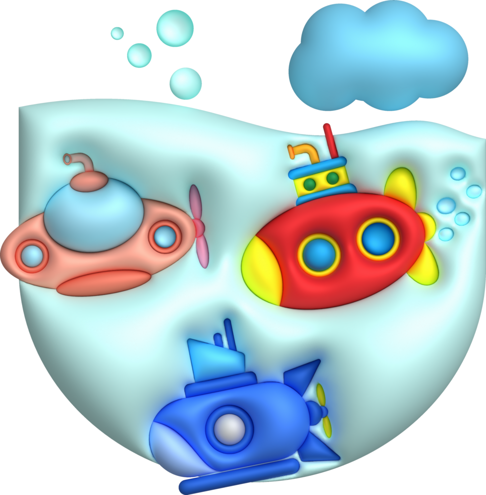 3d ilustração submarino submarino com bolha.kids brinquedos mínimo estilo. png