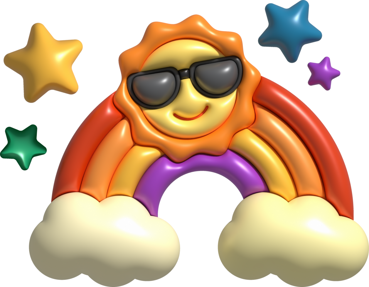 3D illustration colorful rainbow, clouds, sun in sunglasses and stars. minimal style. png