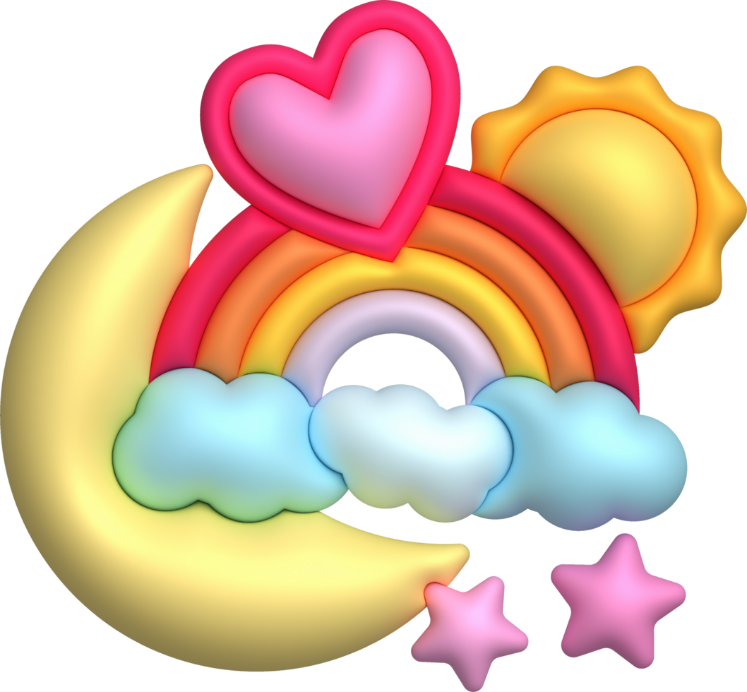 3d illustratie kleurrijk regenboog, wolken, harten, zon en sterren. minimaal stijl. png