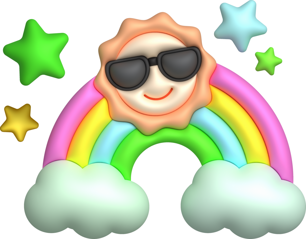 3D illustration colorful rainbow, clouds, sun in sunglasses and stars. minimal style. png