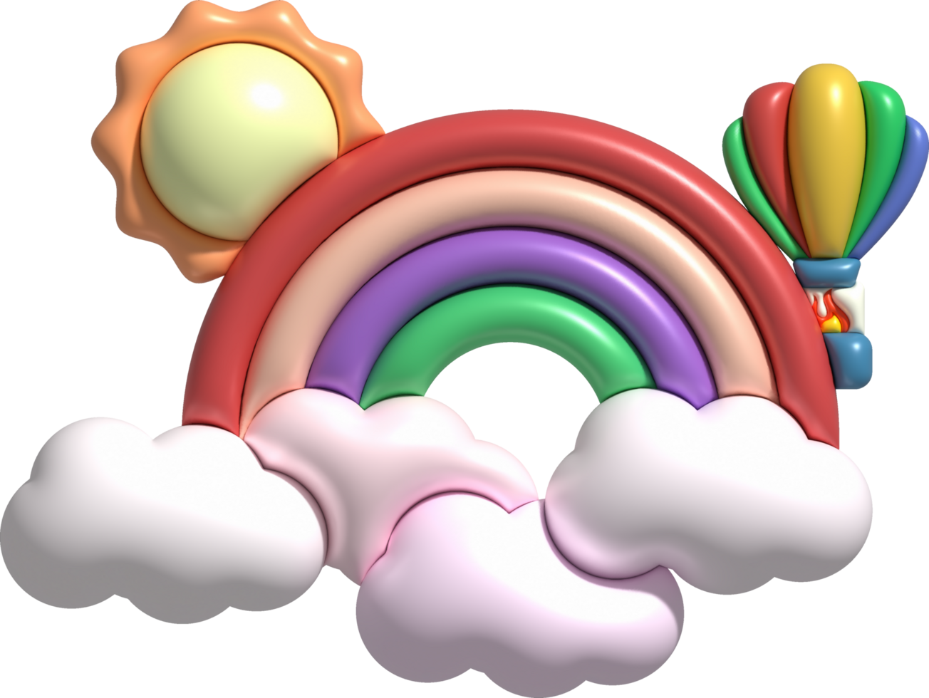 3D illustration Colorful rainbow, clouds, sun and balloons. minimal style. png