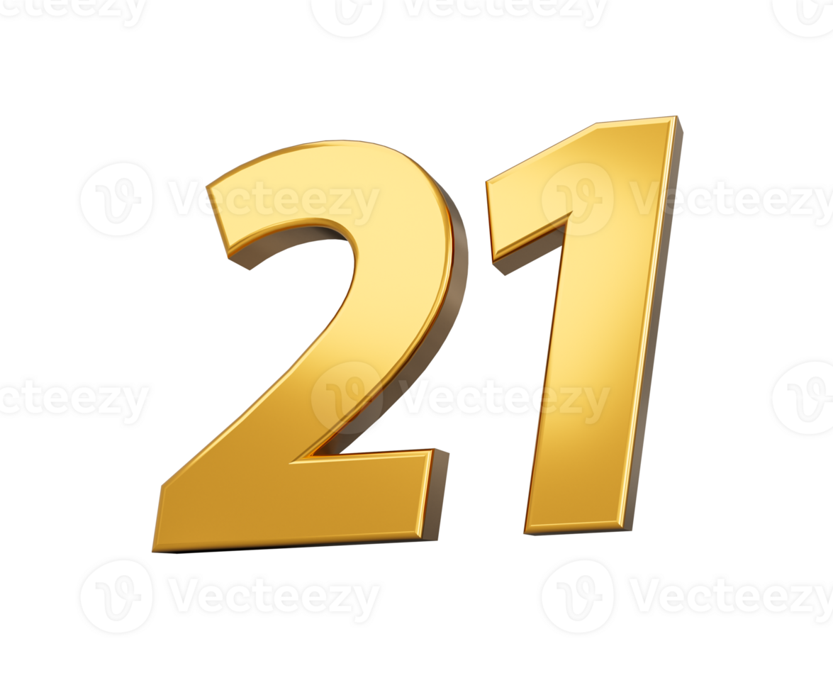 Gold number 21 Twenty one shiny 3d number 21 made of gold 3d illustration png