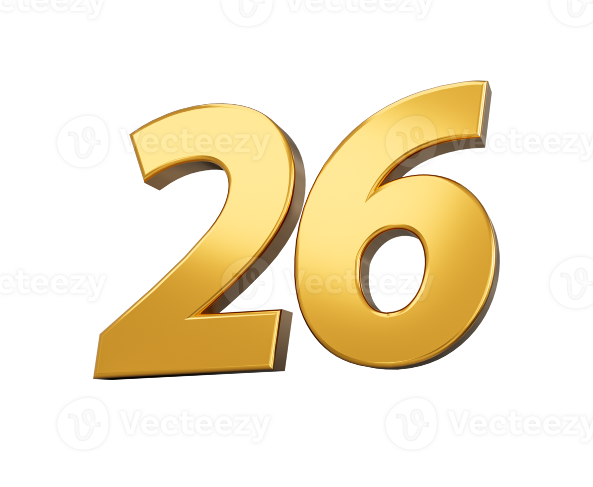Gold number 26 Twenty six  shiny 3d number 26 made of gold 3d illustration png