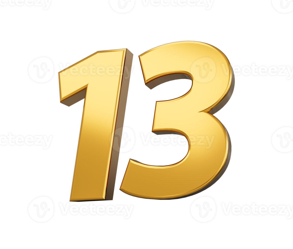 Gold number 13 thirteen shiny 3d number 13 made of gold 3d illustration png