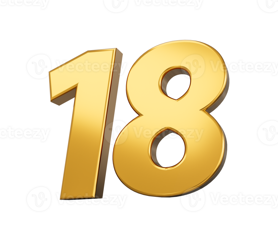 Gold number 18 Eighteen shiny 3d number 18 made of gold 3d illustration png