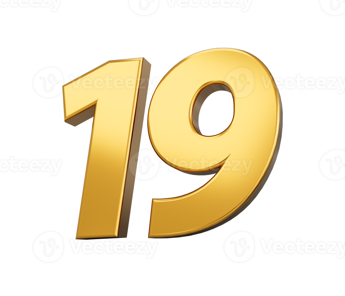 Gold number 19 nineteen shiny 3d number 19 made of gold 3d illustration png