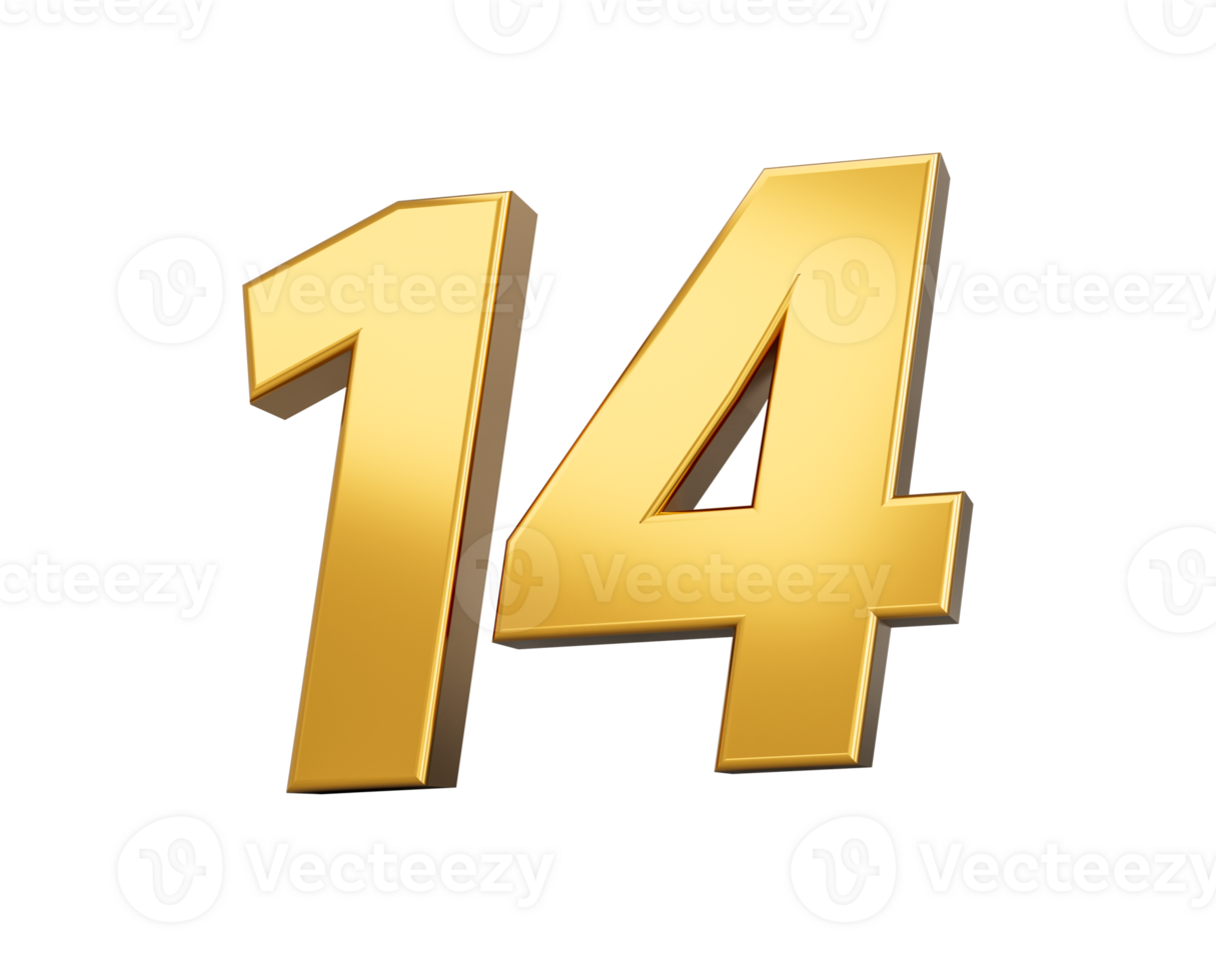 Gold number 14 Fourteen shiny 3d number 14 made of gold 3d illustration png
