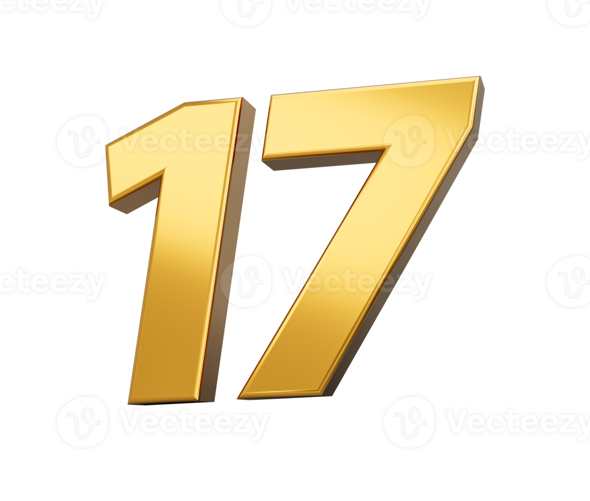 Gold number 17 Seventeen shiny 3d number 17 made of gold 3d illustration png