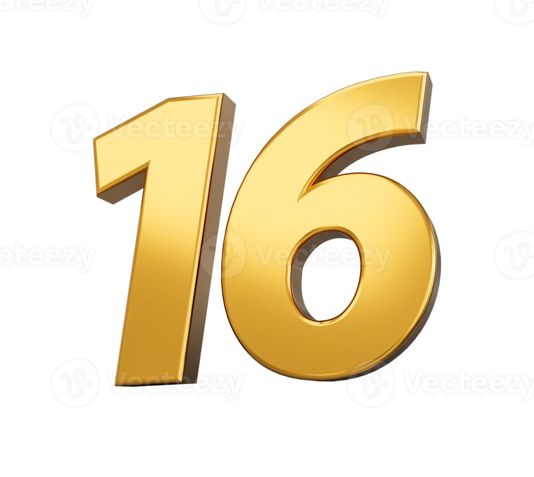 Gold number 16 Sixteen shiny 3d number 16 made of gold 3d illustration Gold number 16 Sixteen shiny 3d number 16 made of gold 3d illustration