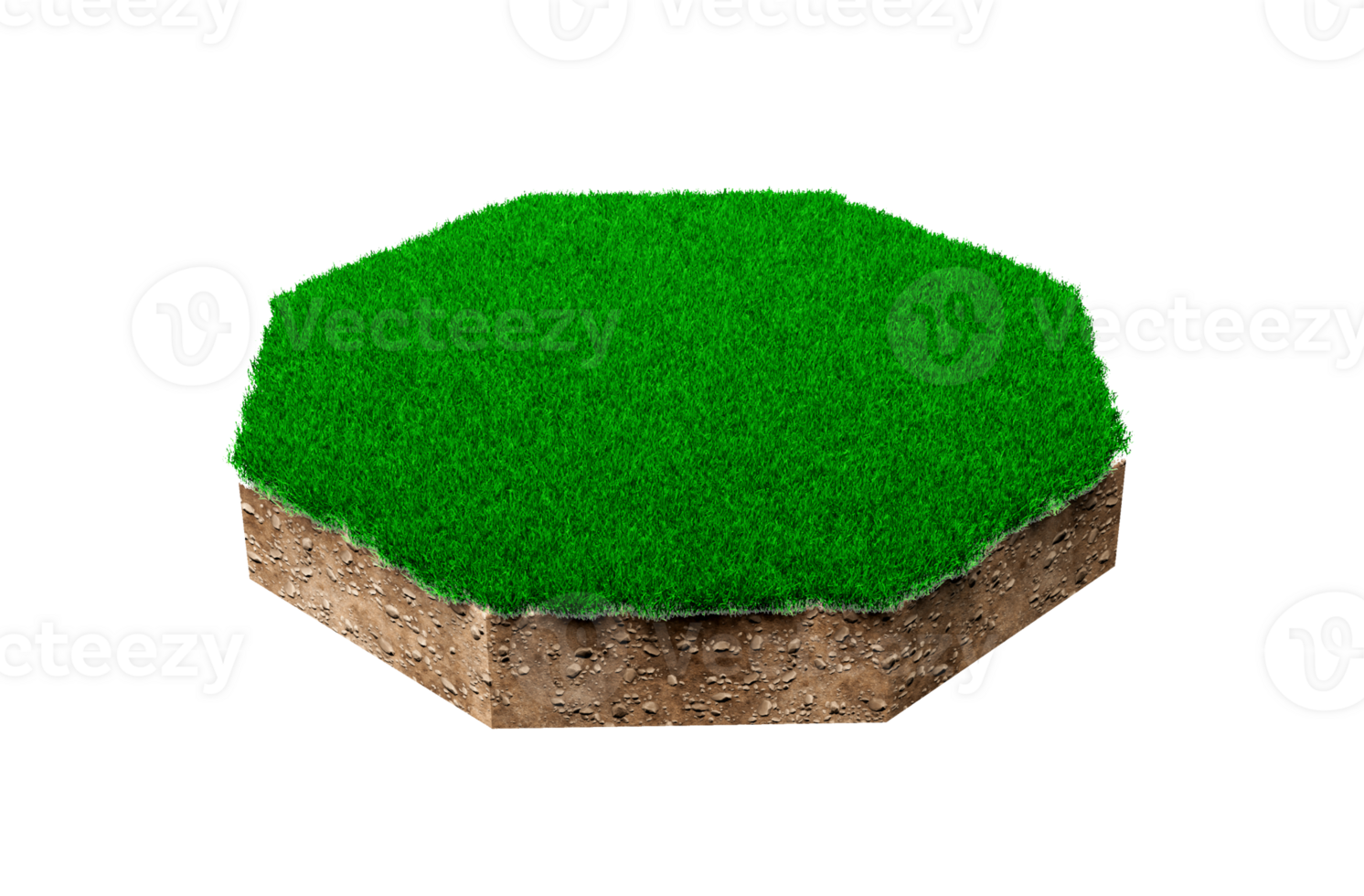 achthoekige vorm bodem land geologie dwarsdoorsnede met groen gras, aarde modder weggesneden geïsoleerde 3d illustratie png