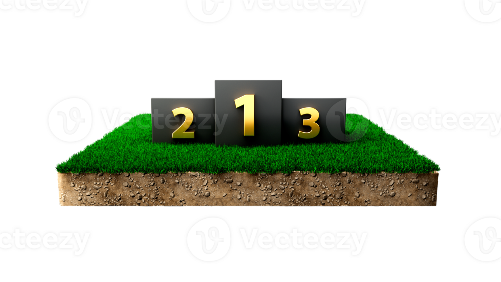 Black Winner Podiums on Square Green Grass cross section cut out with Gold Letters 3d illustration png