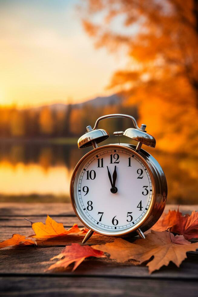 Alarm clock rests on autumn leaves against a backdrop of natural scenery photo