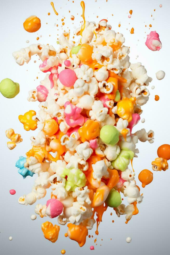 Colored fruity popcorn on white background isolated photo