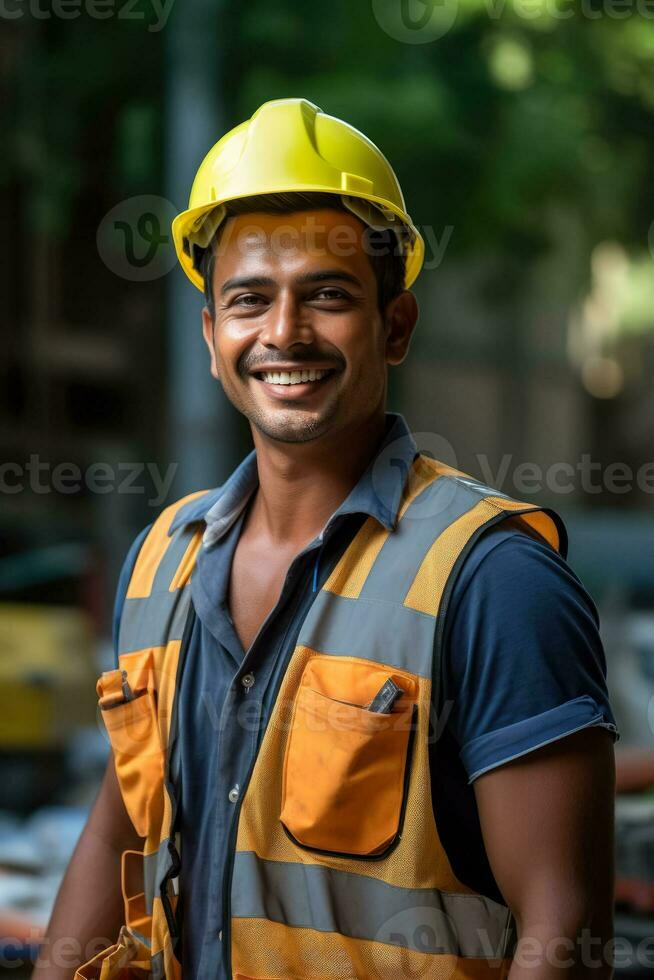 alegre hermoso indio hombre trabajando a el construcción sitio foto