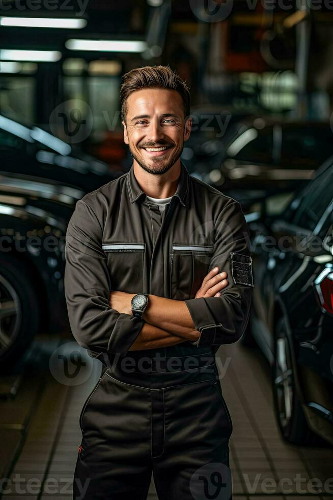 Auto mechanic in garage providing repair service photo