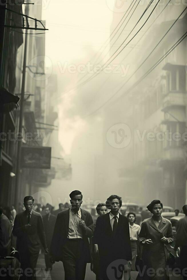 A hazy group of unidentified people gathering on the street photo