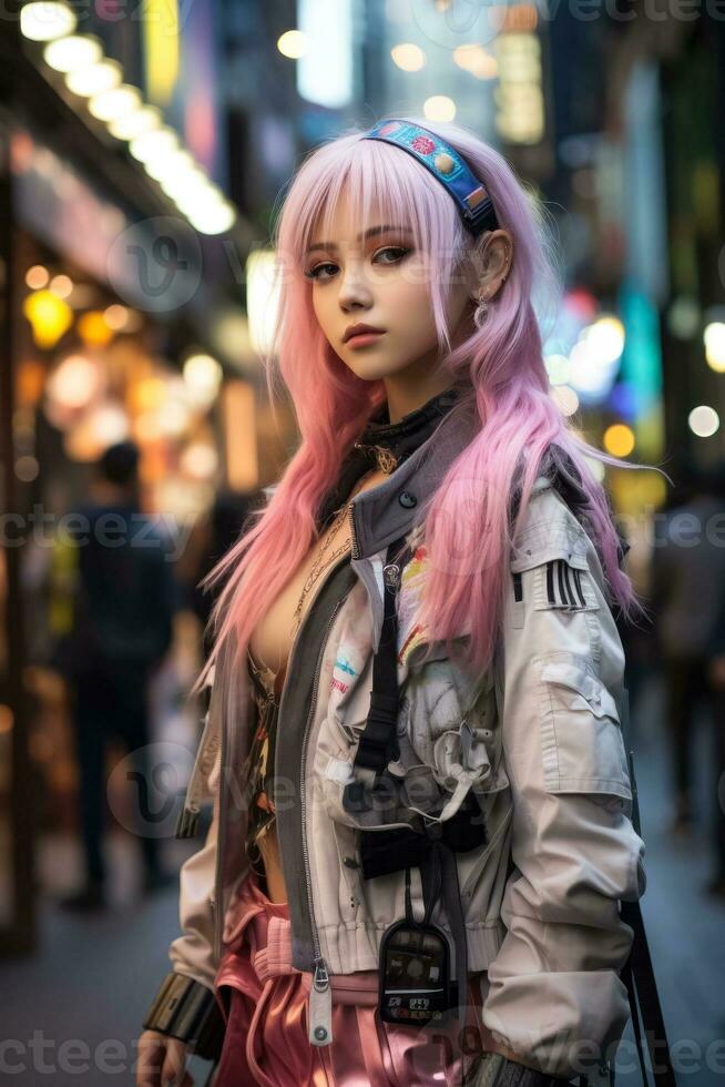 A young woman traveler wanders Takeshita street in Harajuku Tokyo's vibrant hub of youth fashion and cosplay photo