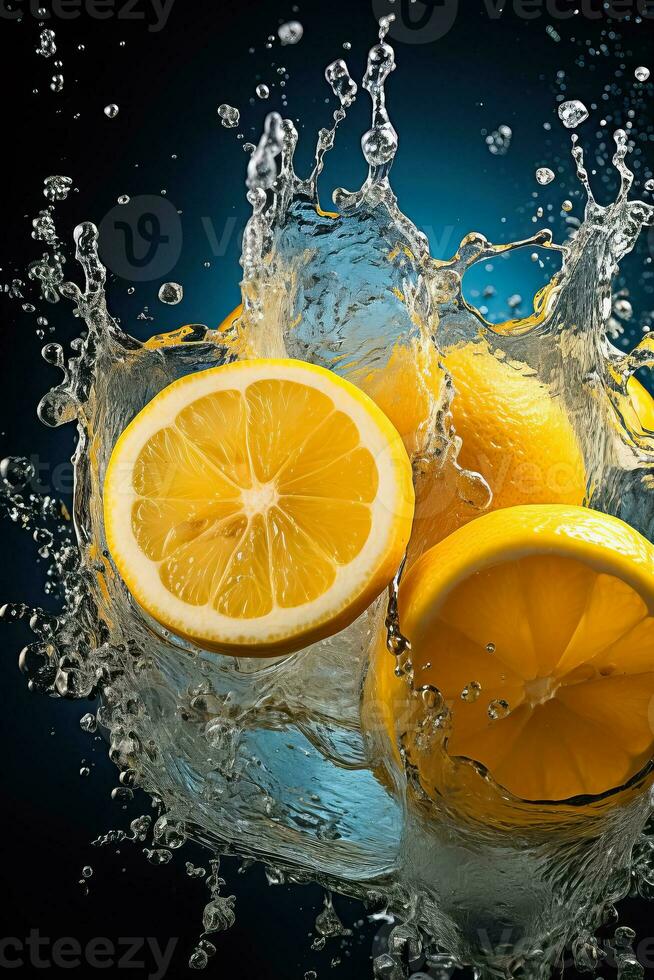 Lemon slices sinking into the depths of water photo