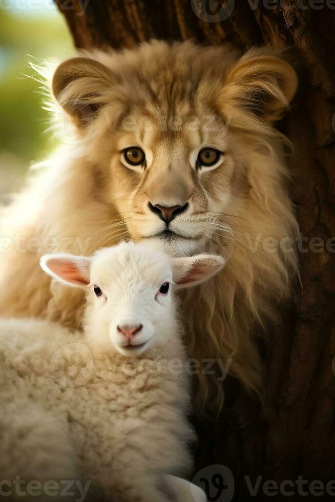 A lion and a lamb peacefully coexist in harmony photo