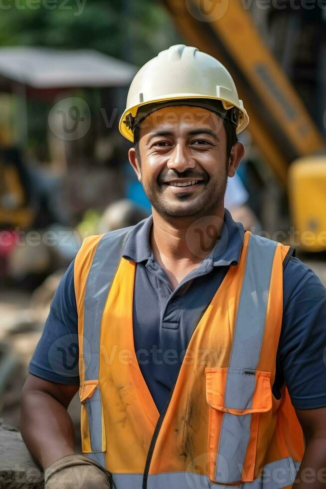 Cheerful handsome Indian man working at the construction site photo