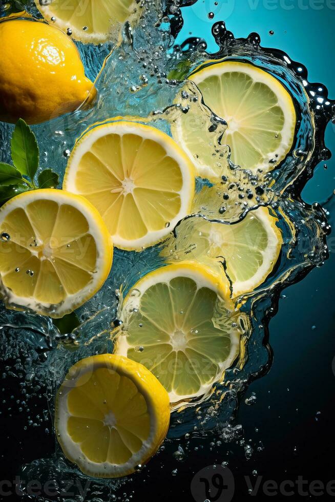 limón rebanadas hundimiento dentro el lo más hondo de agua foto