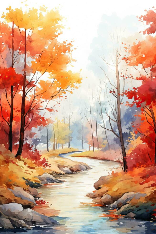 Autumn watercolor illustrates a colorful landscape with orange red and yellow trees capturing the essence of the fall season for a postcard photo