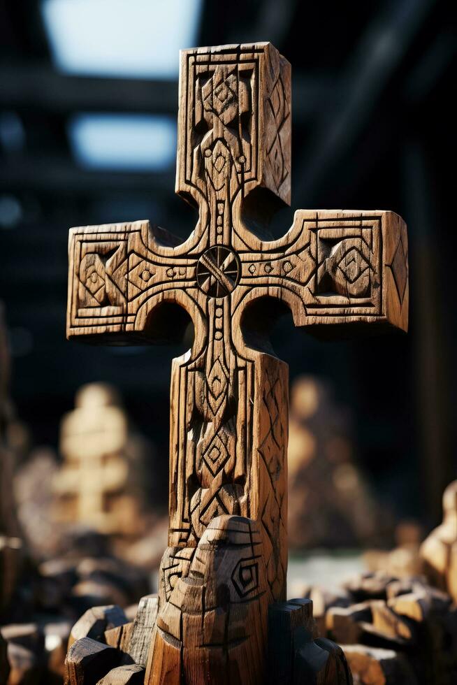 AI-generated close-up of an ancient wooden religious cross in a prayerful pose photo