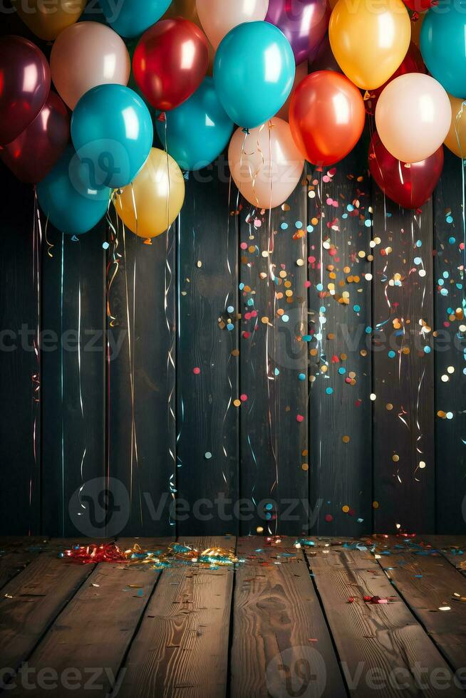 Colorful balloons and confetti against a backdrop of wood photo