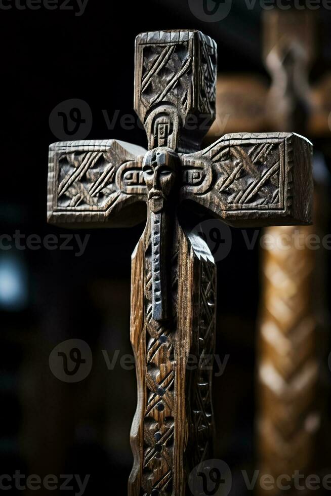 AI-generated close-up of an ancient wooden religious cross in a prayerful pose photo