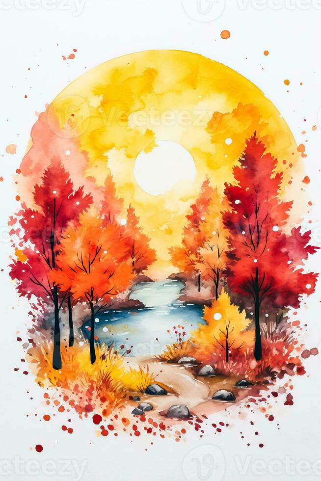Autumn watercolor illustrates a colorful landscape with orange red and yellow trees capturing the essence of the fall season for a postcard photo
