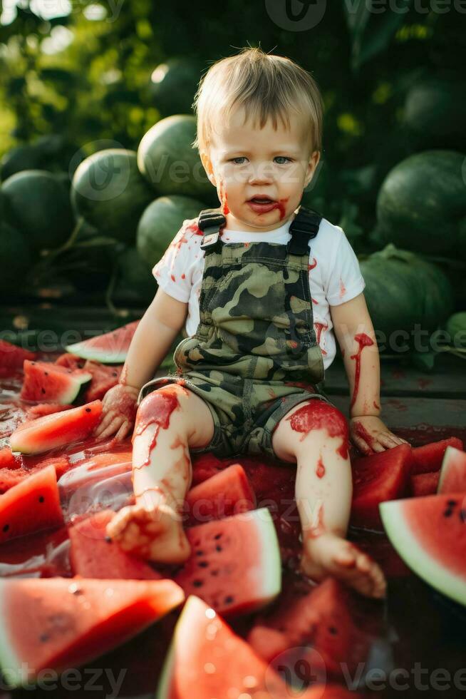 The child got watermelon all over his clothes and stained them photo