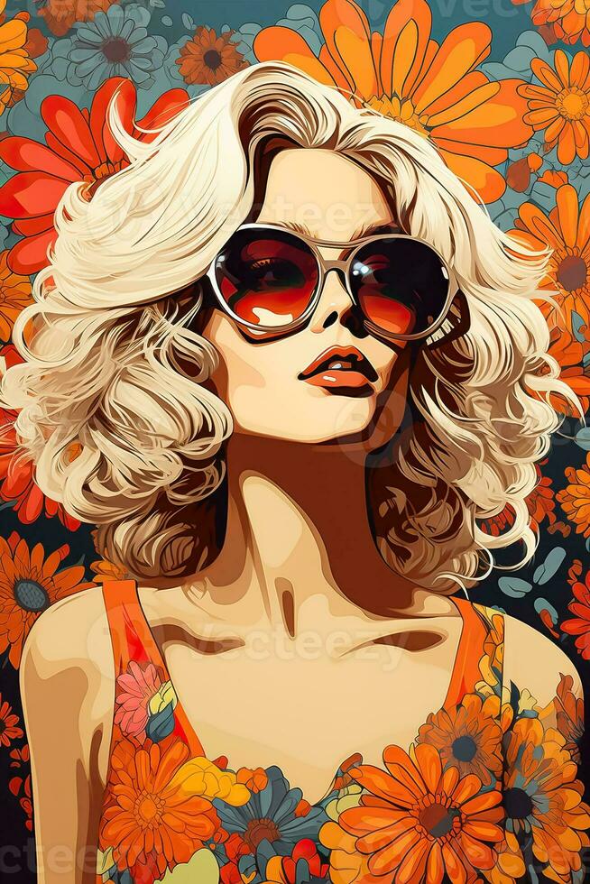 hippie niña con rubia pelo y flor ilustración creado utilizando popular Arte cómic estilo herramientas foto