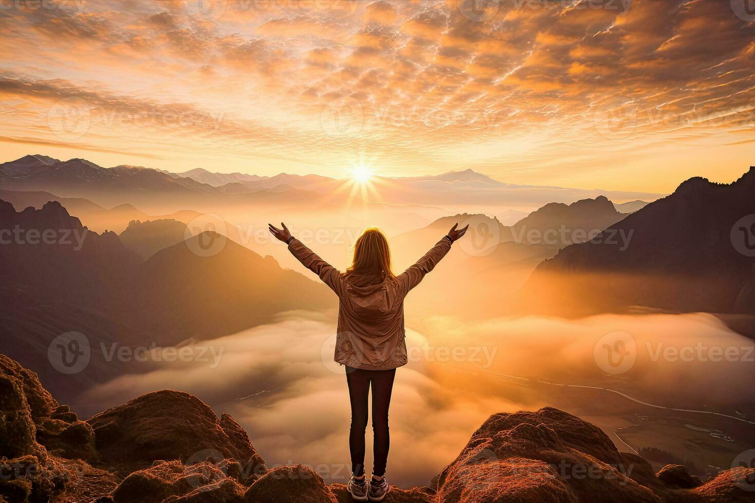 Young woman reaching for mountains at sunset surrounded by a beautiful landscape photo