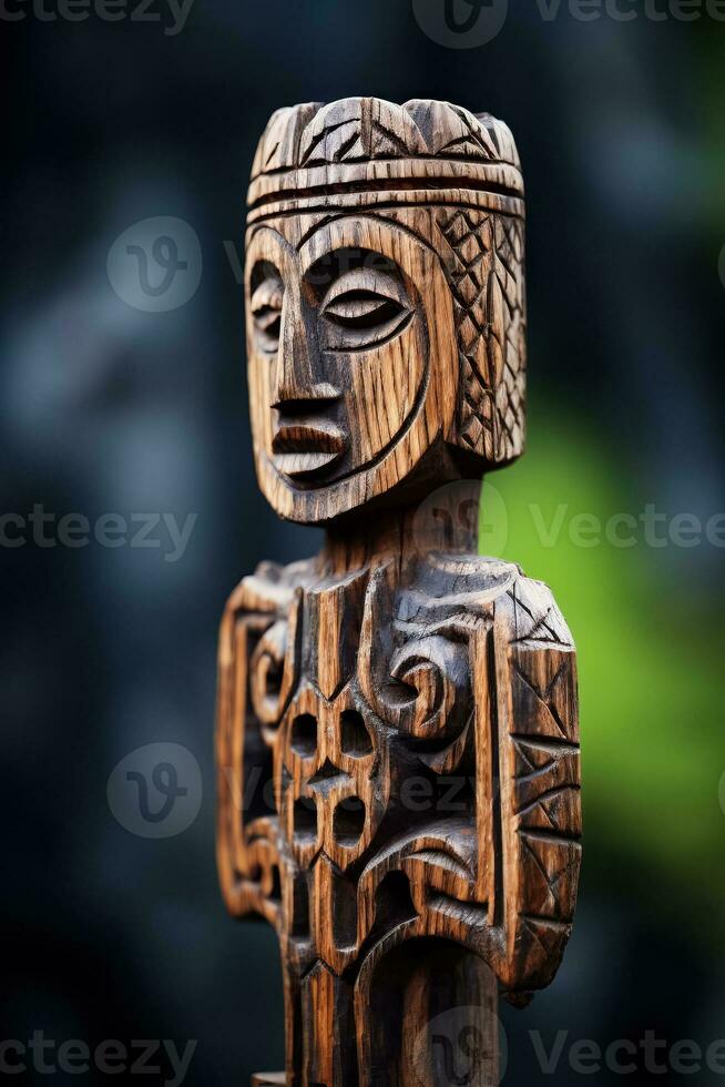 AI-generated close-up of an ancient wooden religious cross in a prayerful pose photo