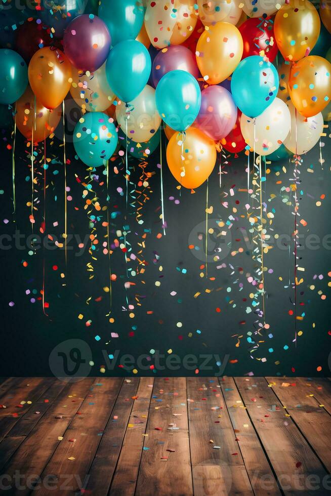 Colorful balloons and confetti against a backdrop of wood photo