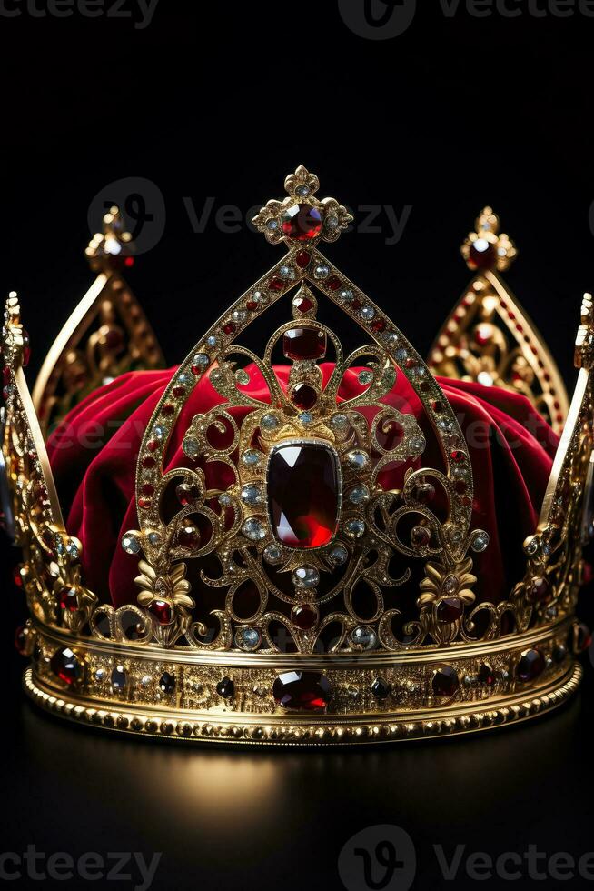 aislado oro corona con rojo joyas representando un medieval diseño metido en un blanco antecedentes foto