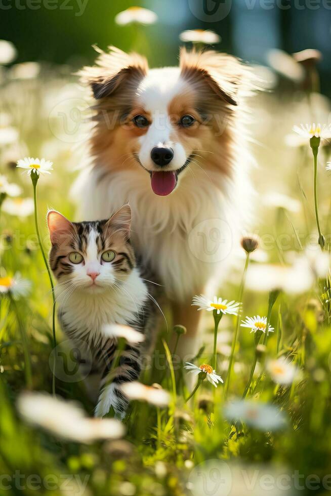 un mullido gato y un contento perro paseo mediante un soleado primavera prado foto