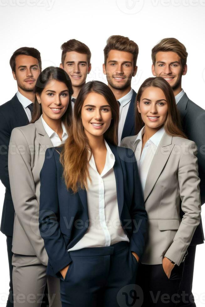 éxito concepto con diverso grupo de joven negocio personas en pie juntos sonriente aislado en blanco antecedentes foto