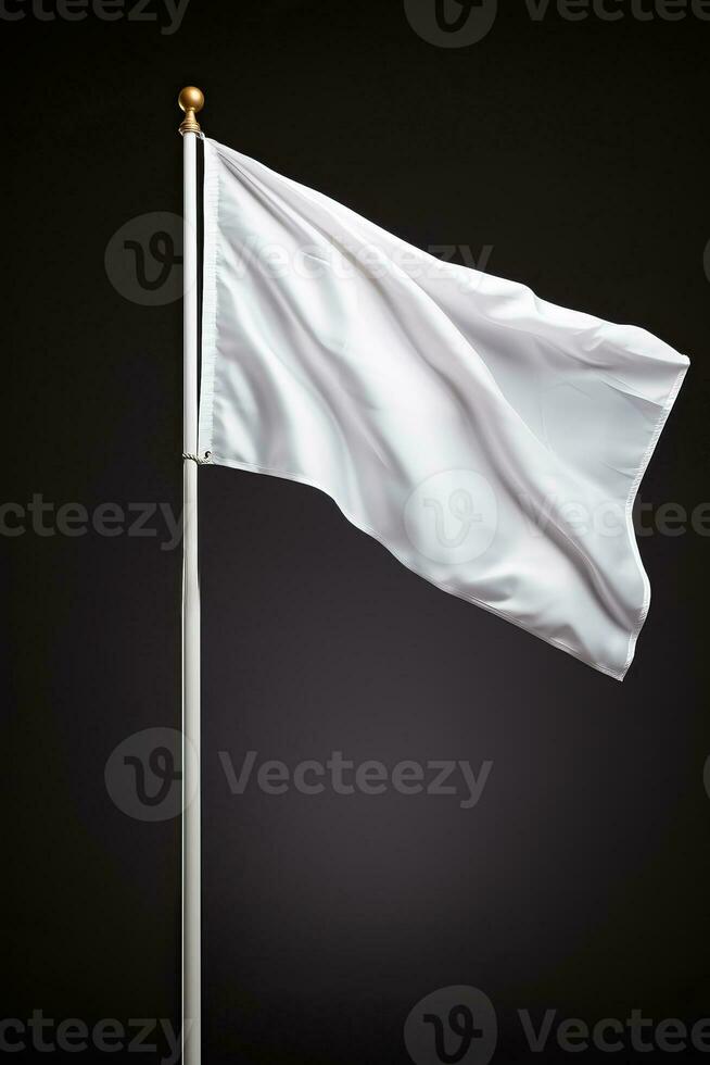 Closeup of a white flag waving on a flagpole against a gray background isolated photo