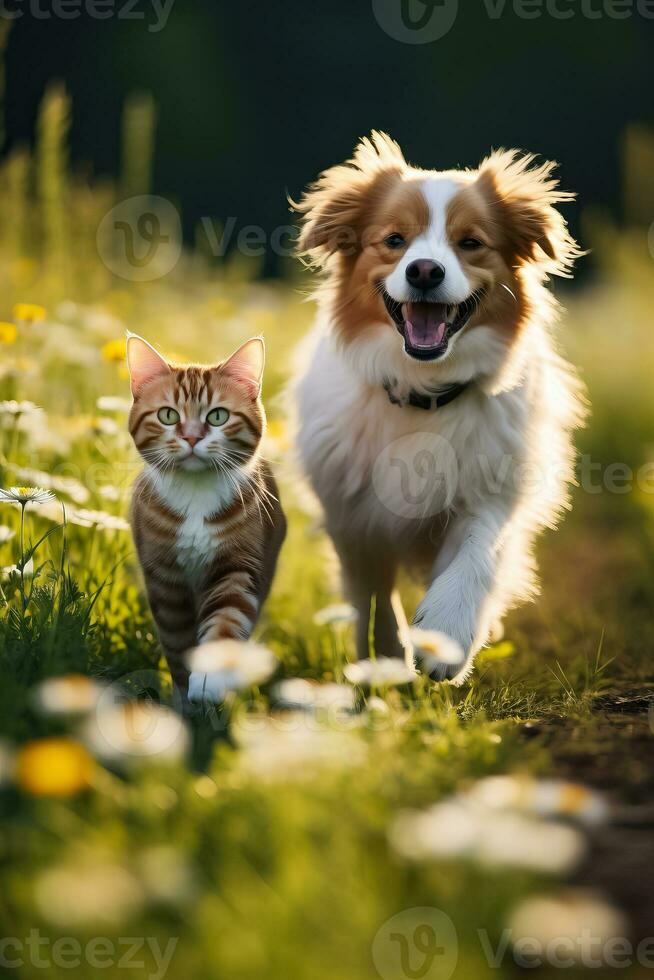 Two adorable furry friends a striped cat and a cheerful dog stroll through a sunny spring meadow photo