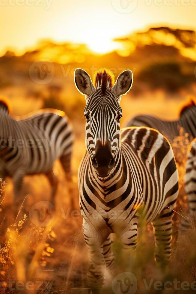 manada de cebras pasto en alto césped durante un verano puesta de sol un fauna silvestre escena en naturaleza foto