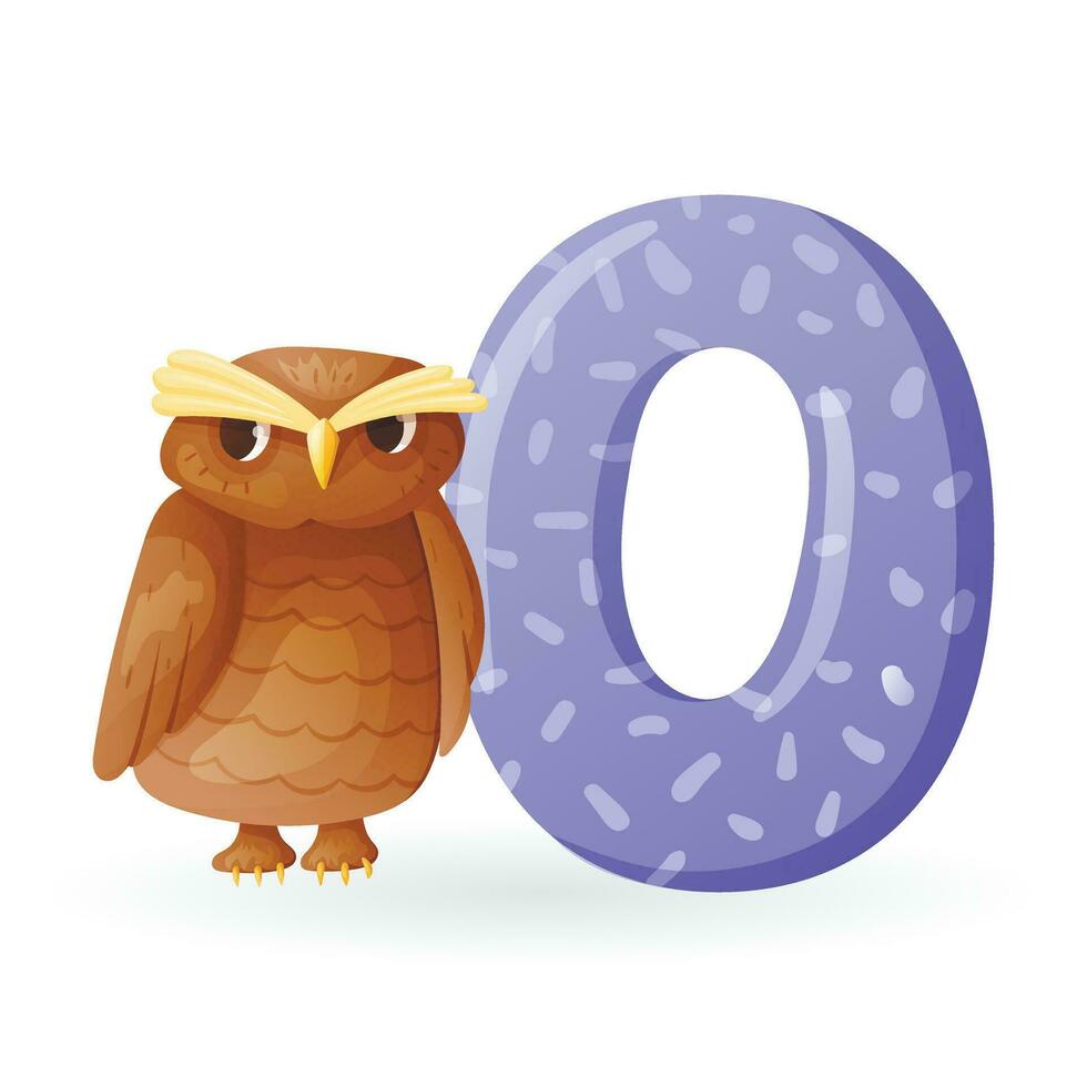 Kids banner with english alphabet letter O and cartoon image of wise forest owl vector
